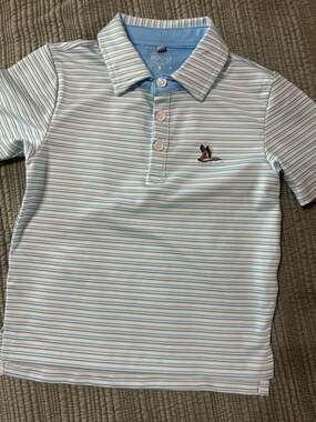 Roost Youth Blue and Green Cayuga Polo Striped Performance Shirt Size 4T